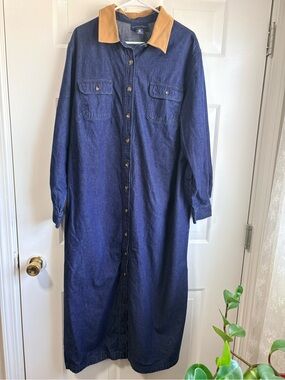 Charter Club Long Denim Button-Down Dress with Tan Corduroy Collar Plus Size 20W